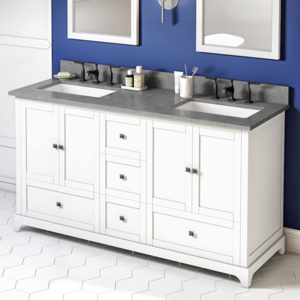 Jeffrey Alexander VKITADD60WHSGR 60" White Addington Vanity, double bowl, Steel Grey Cultured Marble Vanity Top, two undermount rectangle bowls