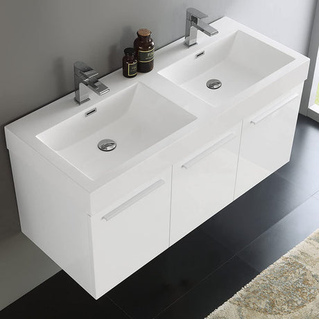 Fresca FCB8092WH-D-I Fresca Vista 48" White Wall Hung Double Sink Modern Bathroom Cabinet w/ Integrated Sink