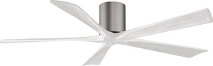 Matthews Fan IR5H-BP-MWH-60 Irene-5H five-blade flush mount paddle fan in Brushed Pewter finish with 60” solid matte white wood blades. 