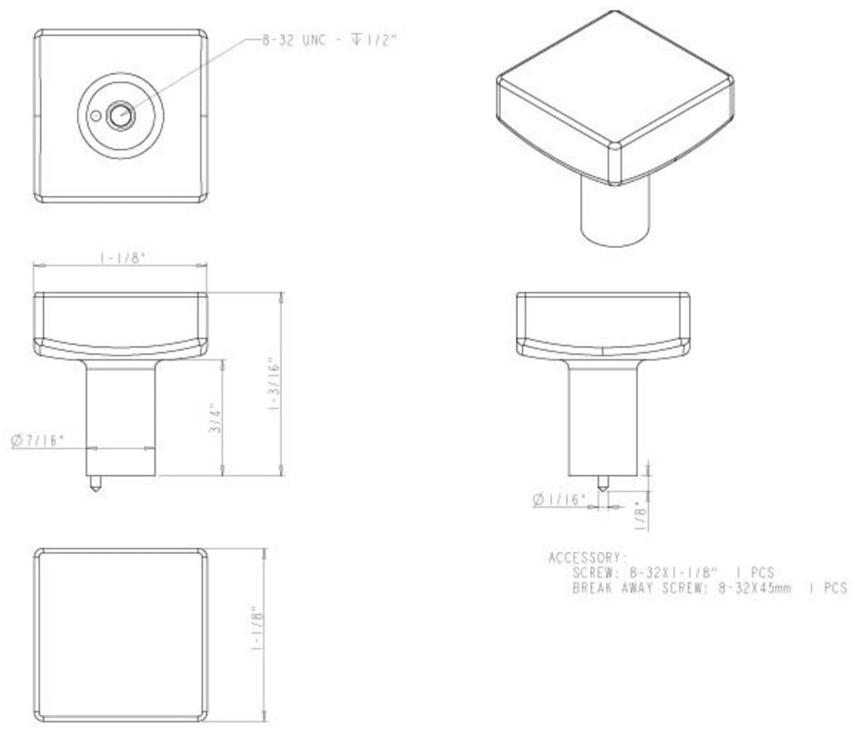 Jeffrey Alexander 845PC 1-1/8" Overall Length Polished Chrome Square Dominique Cabinet Knob