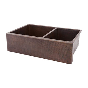 Premier Copper Products KA60DB33229 33-Inch Hammered Copper Kitchen Apron 60/40 Double Basin Sink, Oil Rubbed Bronze