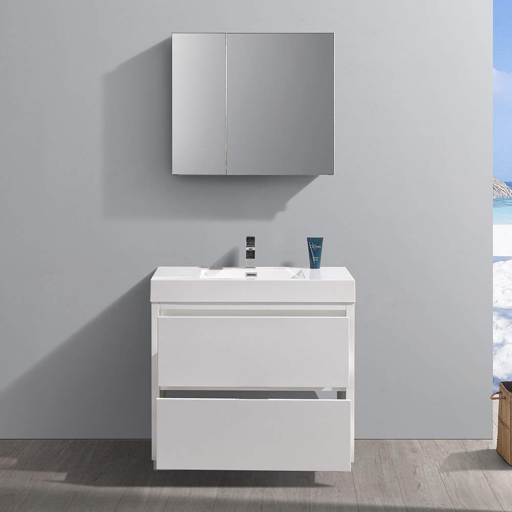 Fresca FVN8436WH Fresca Valencia 36" Glossy White Free Standing Modern Bathroom Vanity w/ Medicine Cabinet