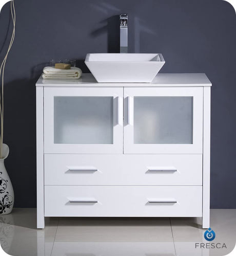 Fresca FCB6236WH-CWH-V Fresca Torino 36" White Modern Bathroom Cabinet w/ Top & Vessel Sink