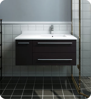 Fresca FCB6136ES-UNS-R-CWH-U Fresca Lucera 36" Espresso Wall Hung Modern Bathroom Cabinet w/ Top & Undermount Sink - Right Version