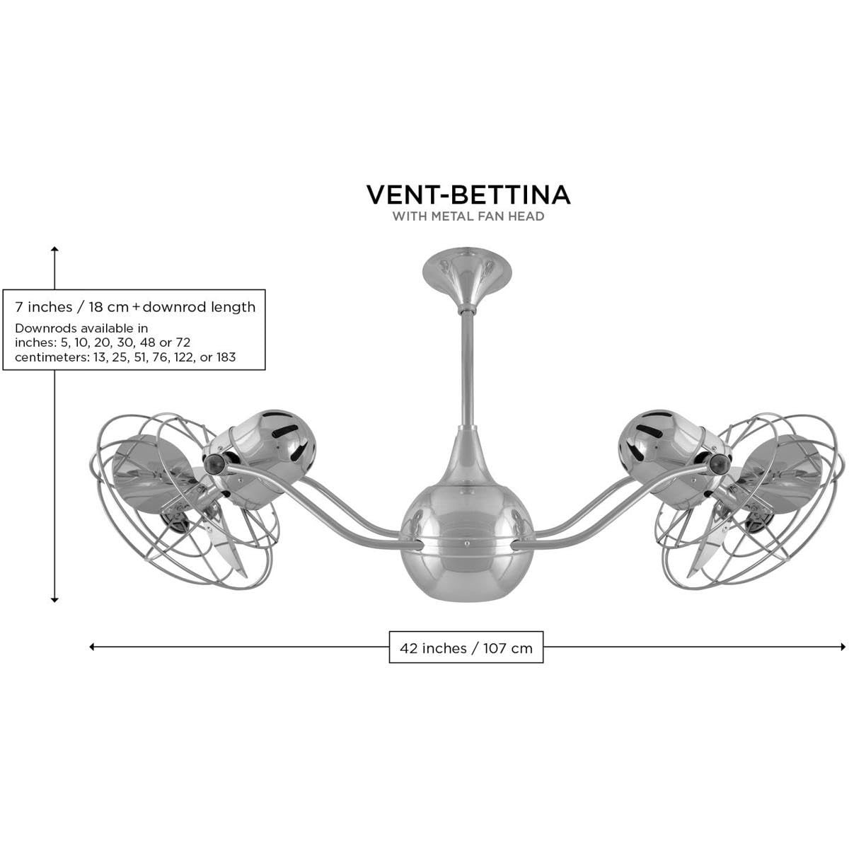 Matthews Fan VB-BN-MTL Vent-Bettina 360° dual headed rotational ceiling fan in brushed nickel finish with metal blades.