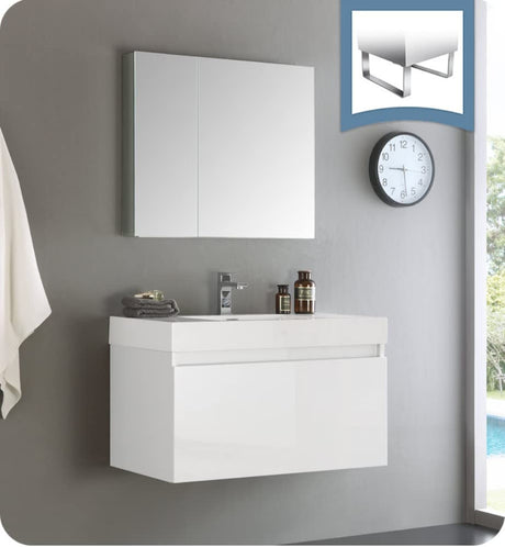 Fresca FVN8008WH Fresca Mezzo 36" White Wall Hung Modern Bathroom Vanity w/ Medicine Cabinet