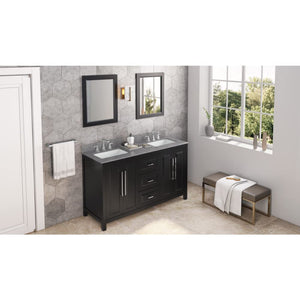 Jeffrey Alexander VKITCAD60BKSGR 60" Black Cade Vanity, double bowl, Steel Grey Cultured Marble Vanity Top, two undermount rectangle bowls