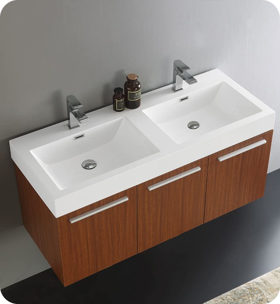 Fresca FCB8092TK-D Fresca Vista 48" Teak Wall Hung Double Sink Modern Bathroom Cabinet