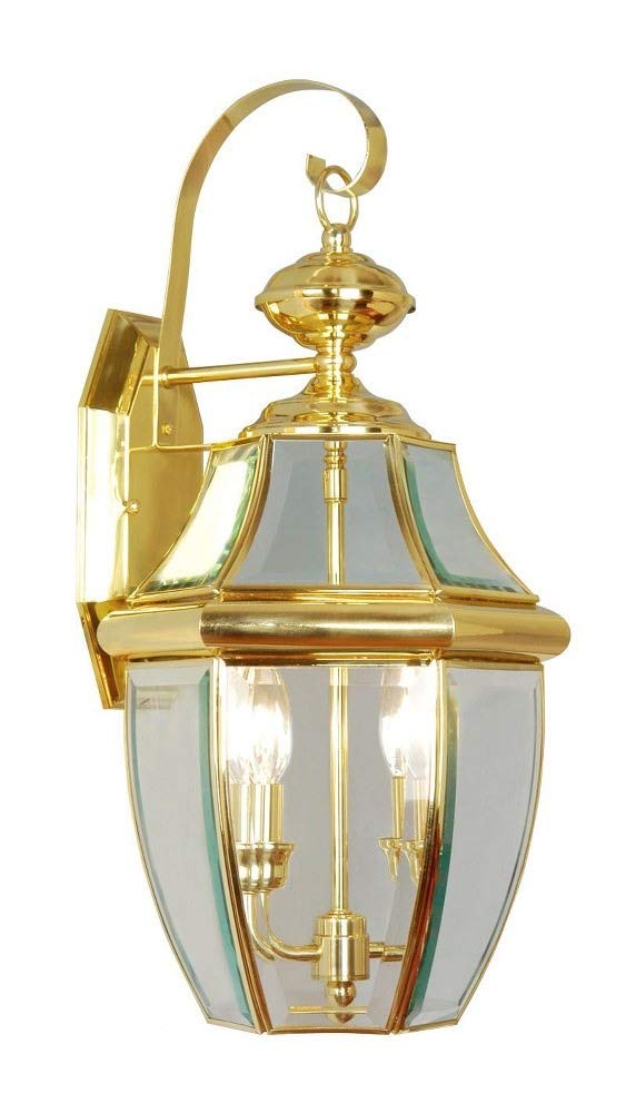Livex Lighting 2251-02 Monterey 2 Light Outdoor Polished Brass Finish Solid Brass Wall Lantern with Clear Beveled Glass, 20.25" x 10.5" x 10"