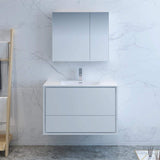 Fresca FVN9236WH Fresca Catania 36" Glossy White Wall Hung Modern Bathroom Vanity w/ Medicine Cabinet