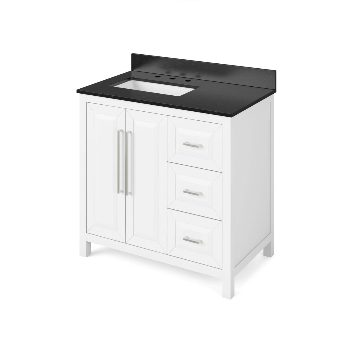 Jeffrey Alexander VKITCAD36WHBGR 36" White Cade Vanity, left offset, Black Granite Vanity Top, undermount rectangle bowl