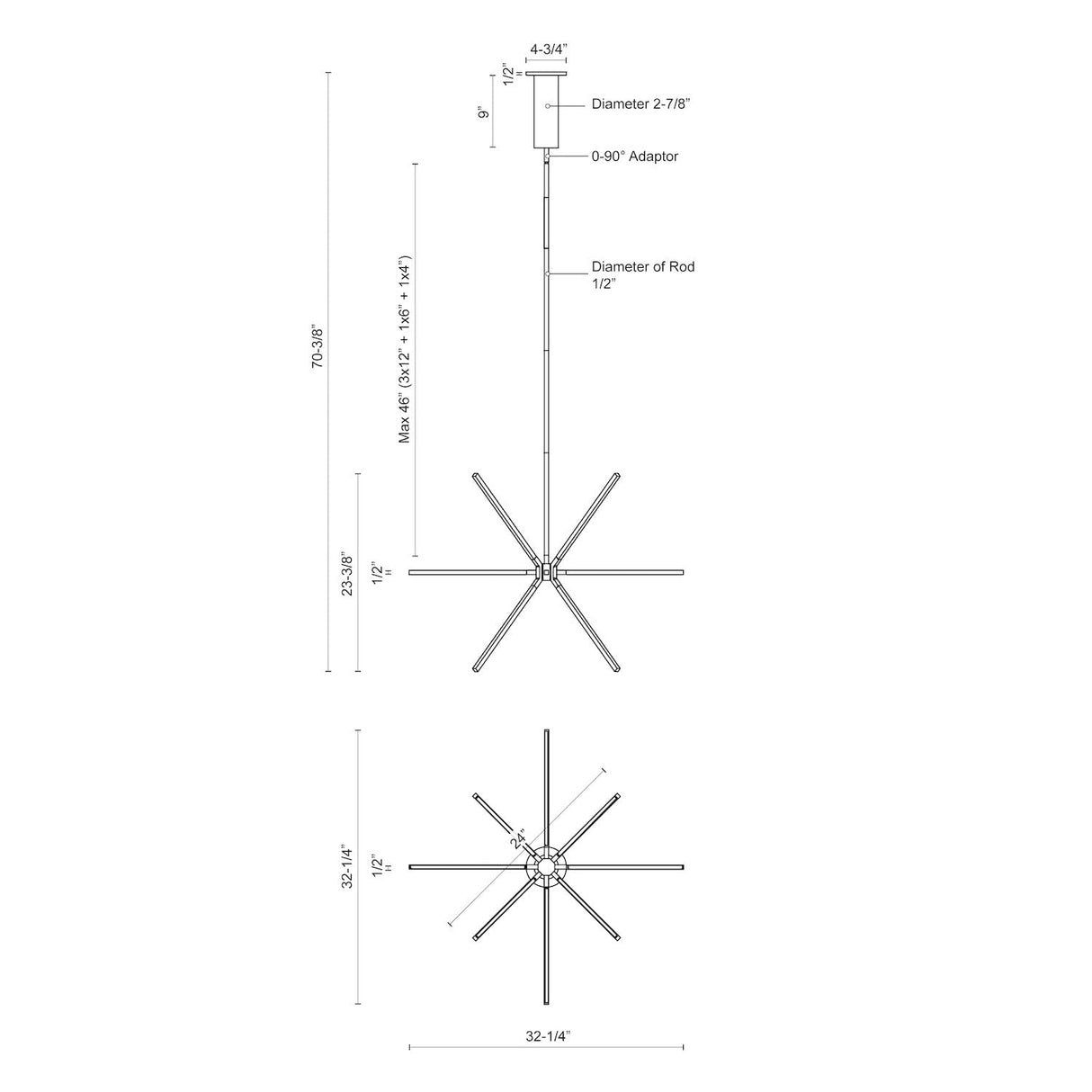 Kuzco CH14232-BN SIRIUS MINOR 32" CH Brushed Nickel 120V TRIAC/ELV LED 3000K 90CRI 65W