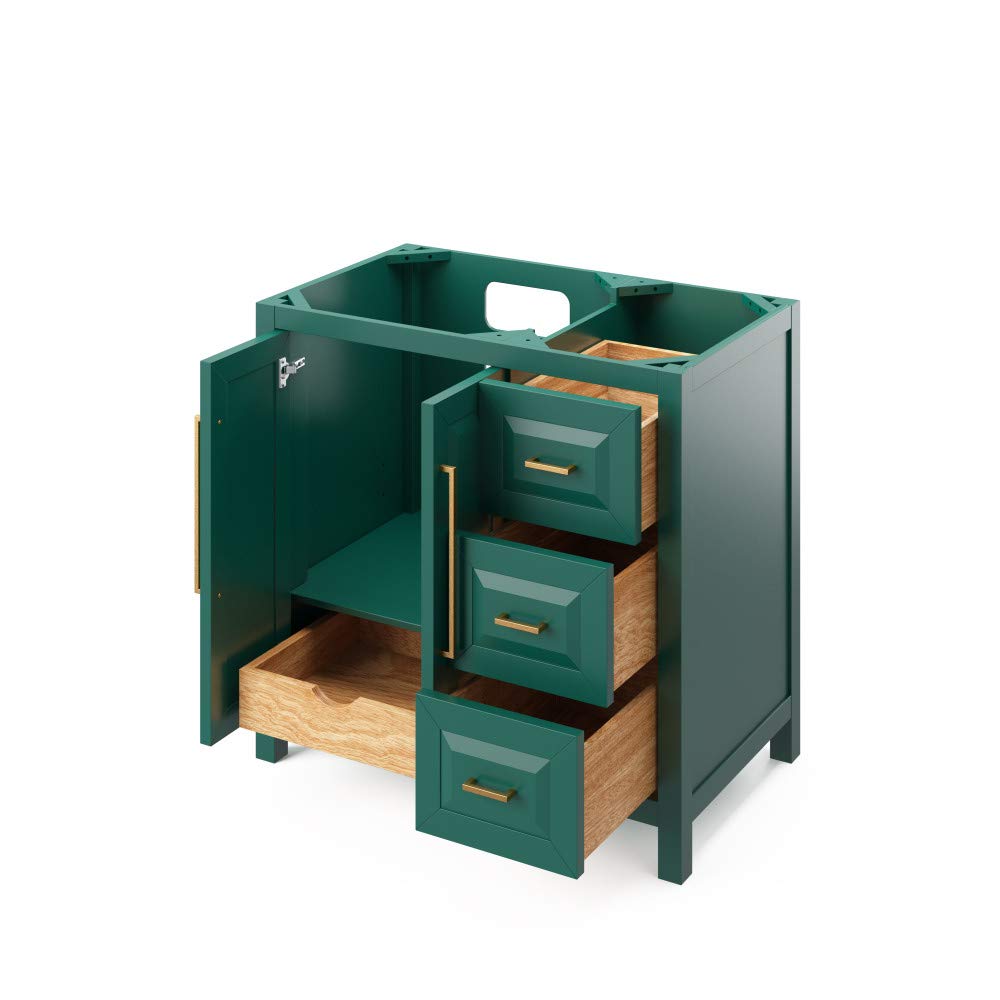 Jeffrey Alexander VKITCAD36GNCQR 36" Forest Green Cade Vanity, left offset, Calacatta Vienna Quartz Vanity Top, undermount rectangle bowl