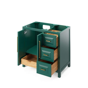 Jeffrey Alexander VKITCAD36GNWCR 36" Forest Green Cade Vanity, left offset, White Carrara Marble Vanity Top, undermount rectangle bowl