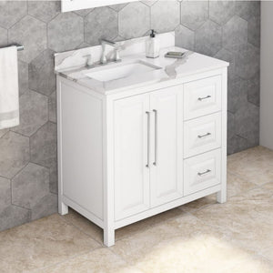 Jeffrey Alexander VKITCAD36WHCQR 36" White Cade Vanity, left offset, Calacatta Vienna Quartz Vanity Top, undermount rectangle bowl