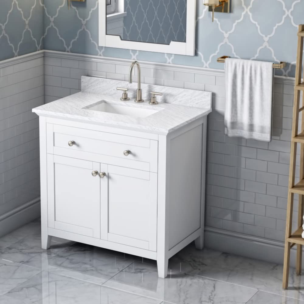 Jeffrey Alexander VKITCHA36WHWCR 36" White Chatham Vanity, White Carrara Marble Vanity Top, undermount rectangle bowl