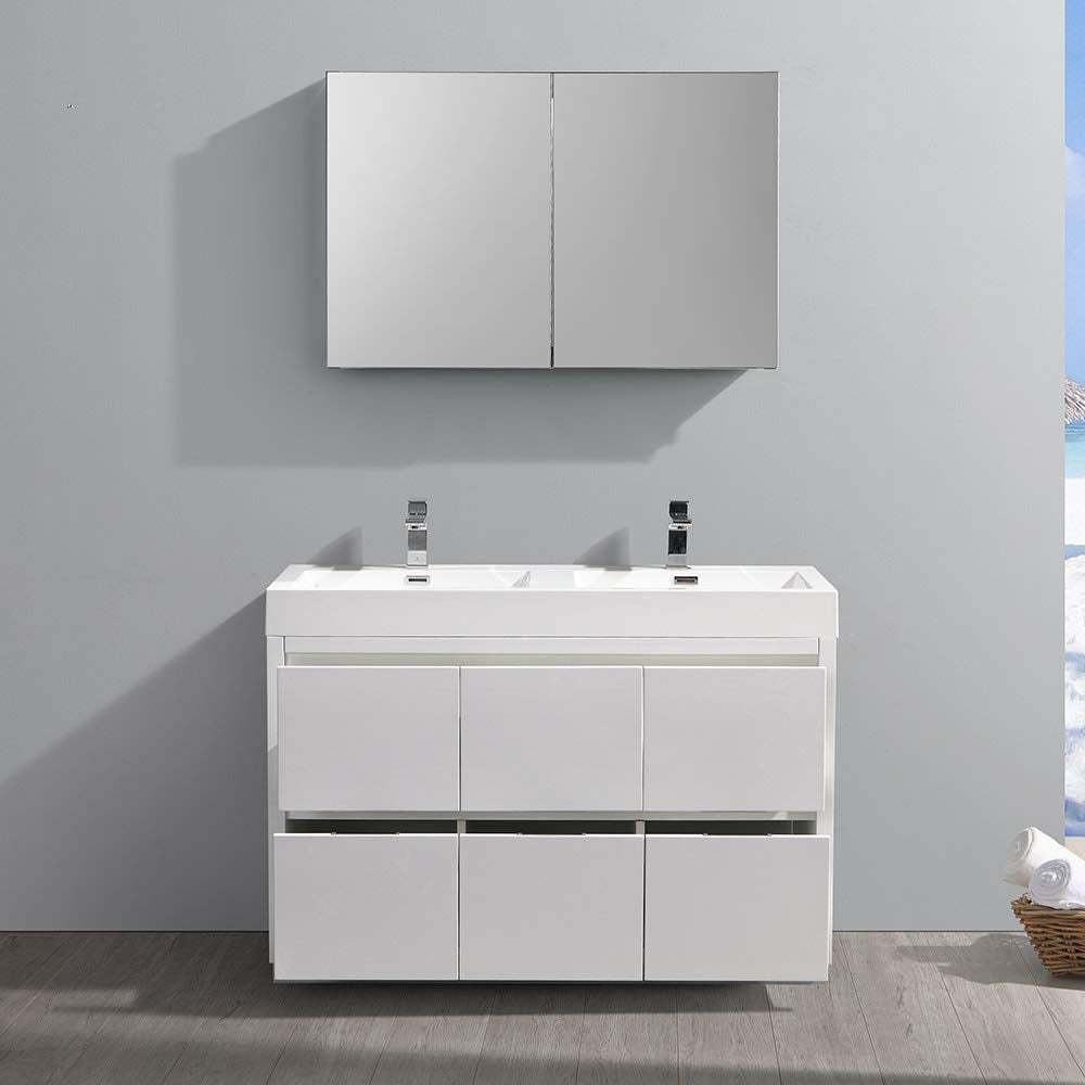 Fresca FVN8448WH-D Fresca Valencia 48" Glossy White Free Standing Double Sink Modern Bathroom Vanity w/ Medicine Cabinet