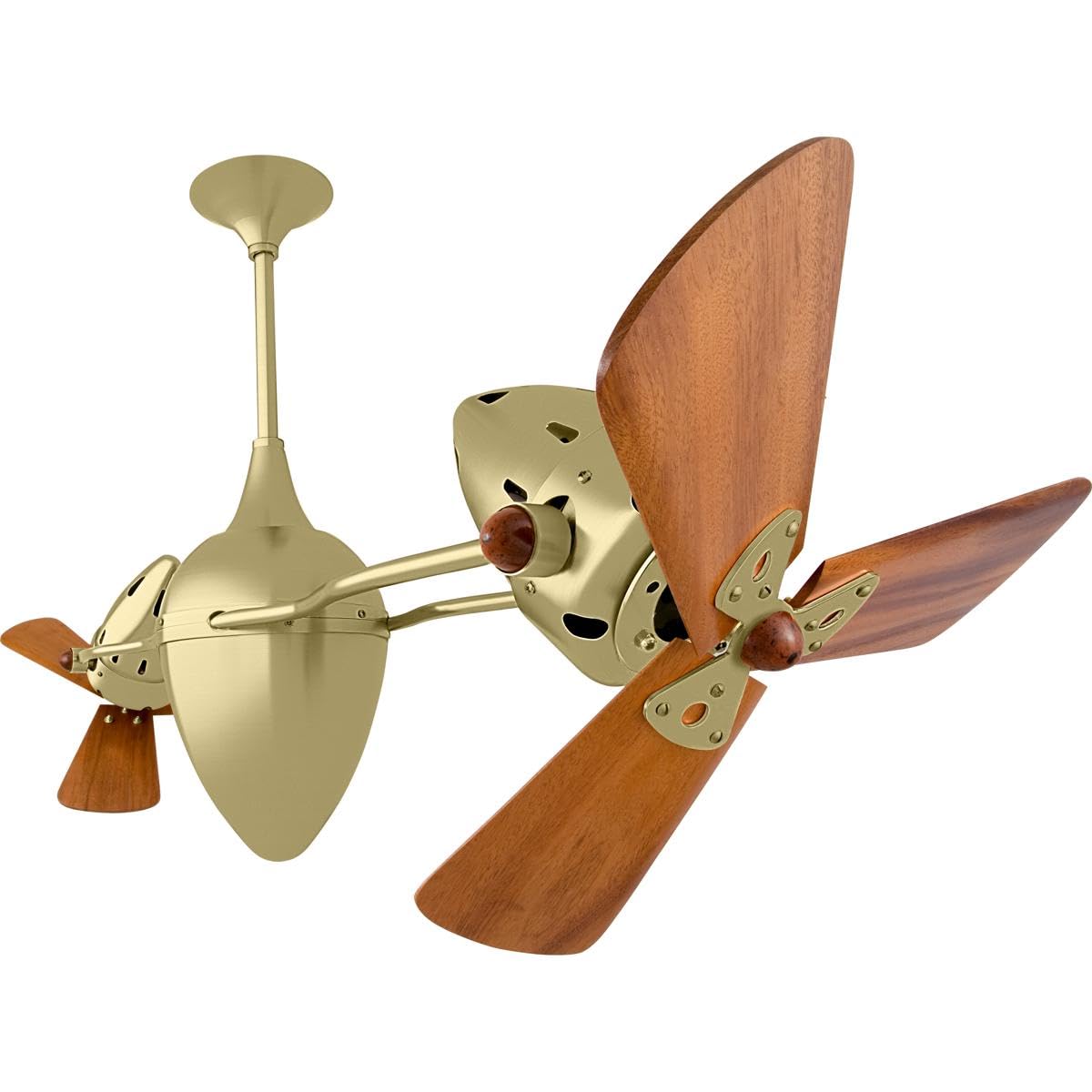 Matthews Fan AR-BRBR-WD Ar Ruthiane 360° dual headed rotational ceiling fan in brushed brass finish with solid sustainable mahogany wood blades.