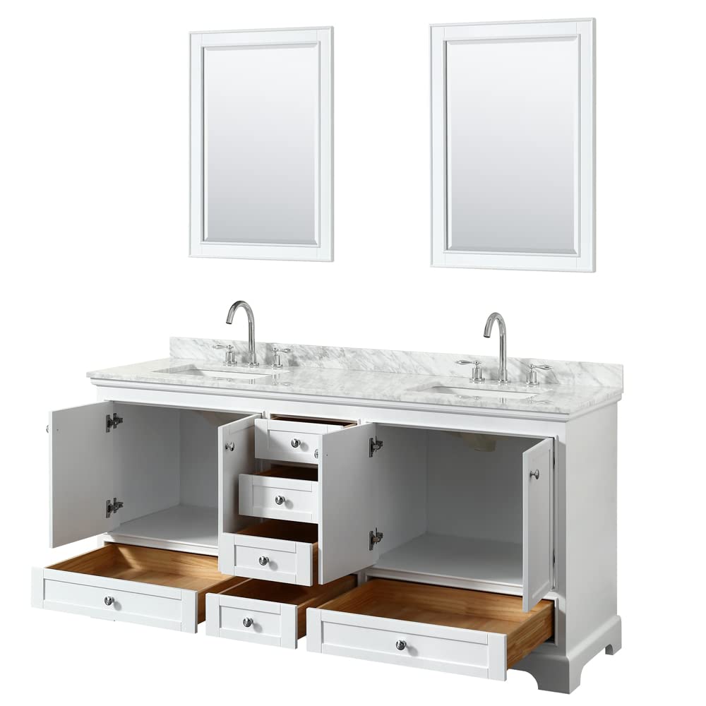 Deborah 72 Inch Double Bathroom Vanity in White White Carrara Marble Countertop Undermount Square Sinks and 24 Inch Mirrors