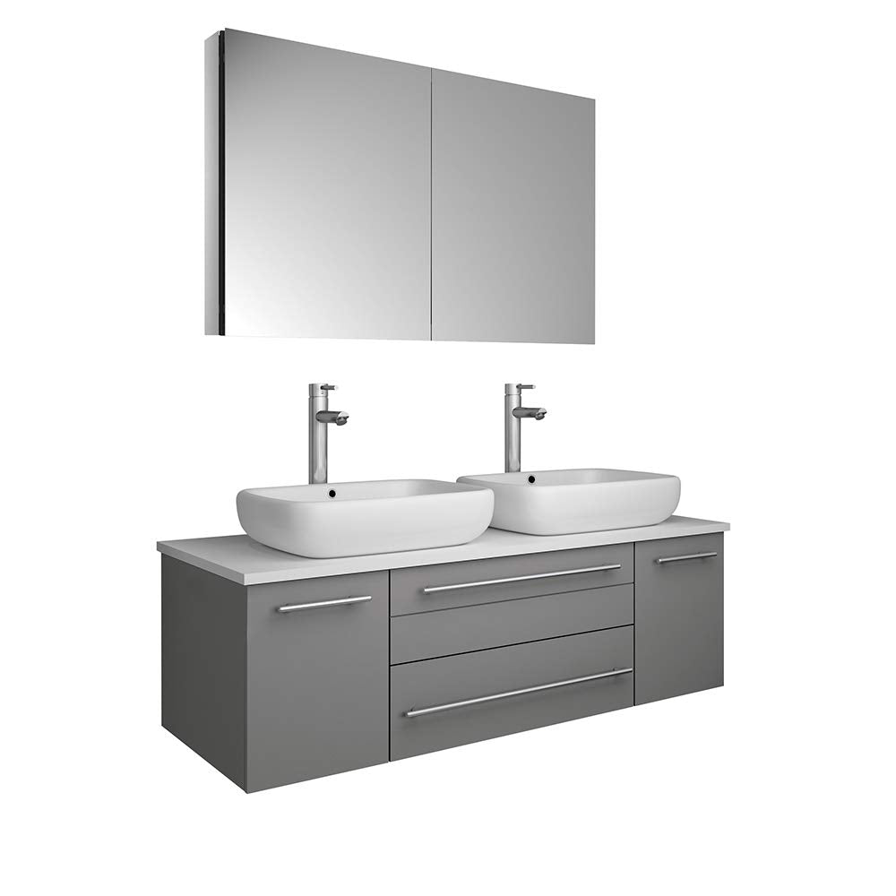 Fresca FVN6148GR-VSL-D Fresca Lucera 48" Gray Wall Hung Double Vessel Sink Modern Bathroom Vanity w/ Medicine Cabinet