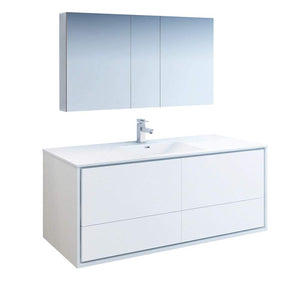Fresca FVN9260WH-S Fresca Catania 60" Glossy White Wall Hung Single Sink Modern Bathroom Vanity w/ Medicine Cabinet
