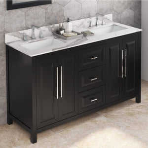 Jeffrey Alexander VKITCAD60BKCQR 60" Black Cade Vanity, double bowl, Calacatta Vienna Quartz Vanity Top, two undermount rectangle bowls