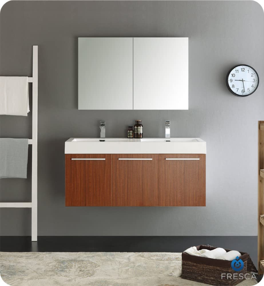 Fresca FCB8092TK-D Fresca Vista 48" Teak Wall Hung Double Sink Modern Bathroom Cabinet
