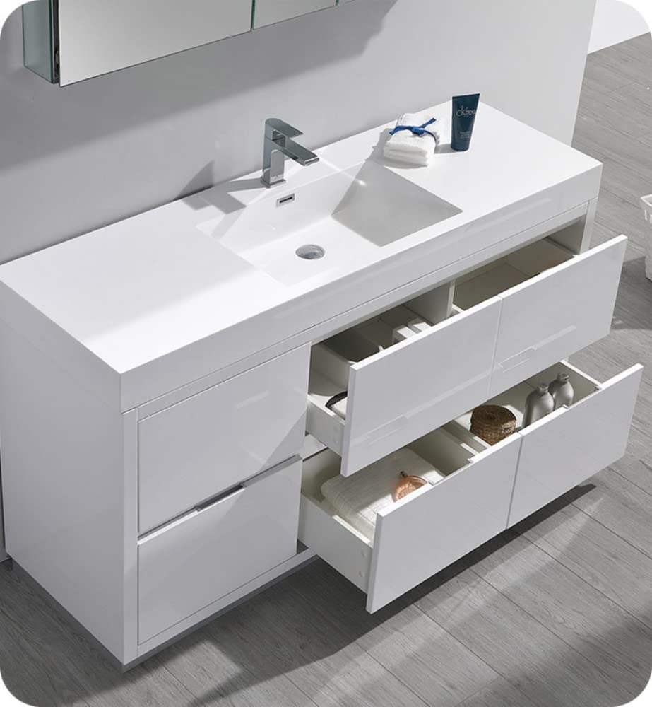 Fresca FVN8460WH Fresca Valencia 60" Glossy White Free Standing Modern Bathroom Vanity w/ Medicine Cabinet