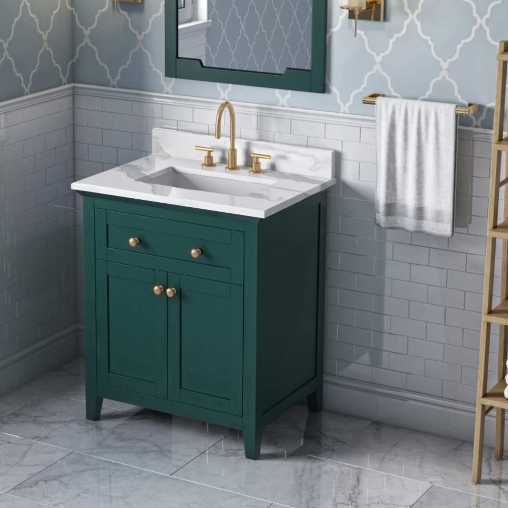 Jeffrey Alexander VKITCHA30GNCQR 30" Forest Green Chatham Vanity, Calacatta Vienna Quartz Vanity Top, undermount rectangle bowl