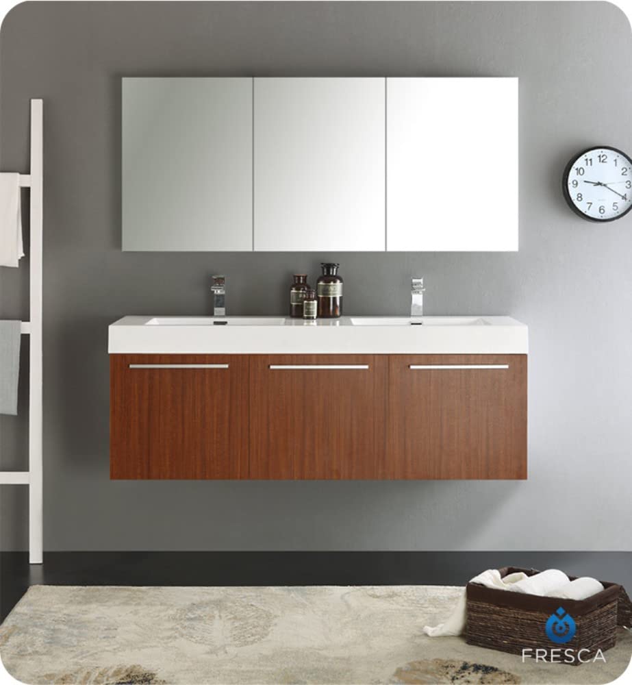 Fresca FCB8093TK-D Fresca Vista 60" Teak Wall Hung Double Sink Modern Bathroom Cabinet