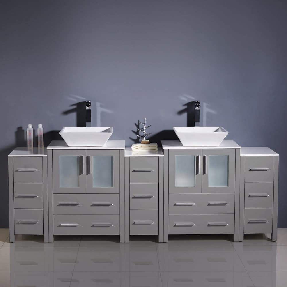 Fresca FCB62-72GO-CWH-V Fresca Torino 84" Gray Oak Modern Double Sink Bathroom Cabinets w/ Tops & Vessel Sinks