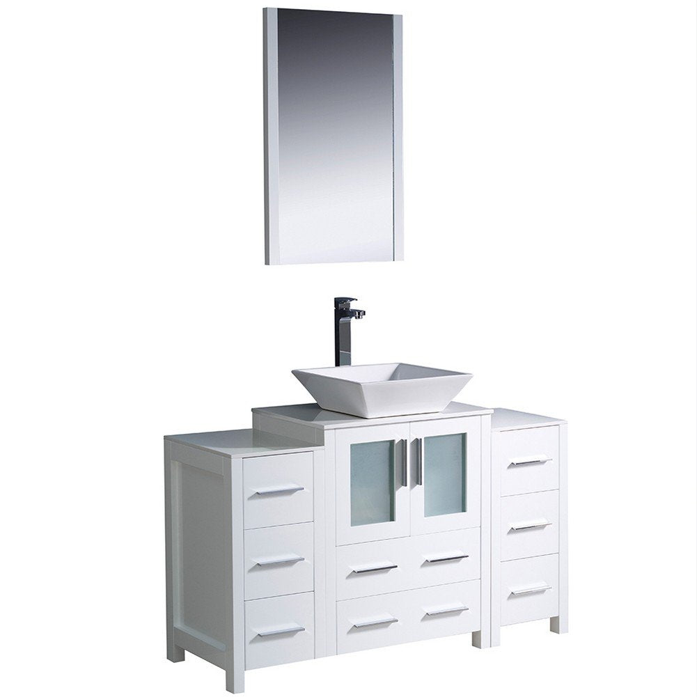 Fresca FVN62-122412WH-VSL Fresca Torino 48" White Modern Bathroom Vanity w/ 2 Side Cabinets & Vessel Sink