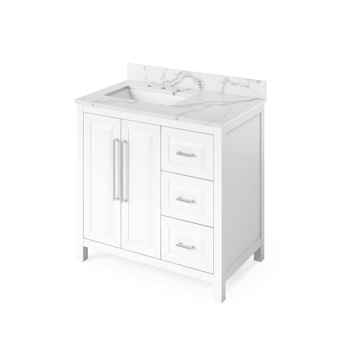 Jeffrey Alexander VKITCAD36WHBOR 36" White Cade Vanity, left offset, Boulder Vanity Cultured Marble Vanity Top, undermount rectangle bowl