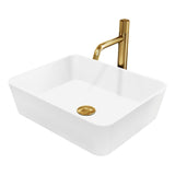 VIGO VGT2048 14.38" L -17.75" W -5.0" H Matte Stone Marigold Composite Rectangular Vessel Bathroom Sink in White with Faucet and Pop-Up Drain in Matte Gold