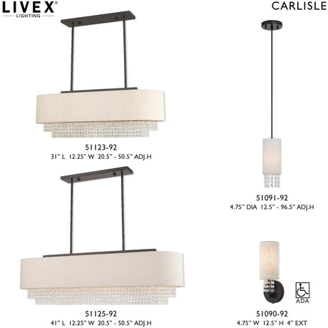 Livex Lighting 51125-92 Carlisle - 41" Five Light Linear Chandelier, English Bronze Finish with Oatmeal Fabric Shade with Clear Crystal