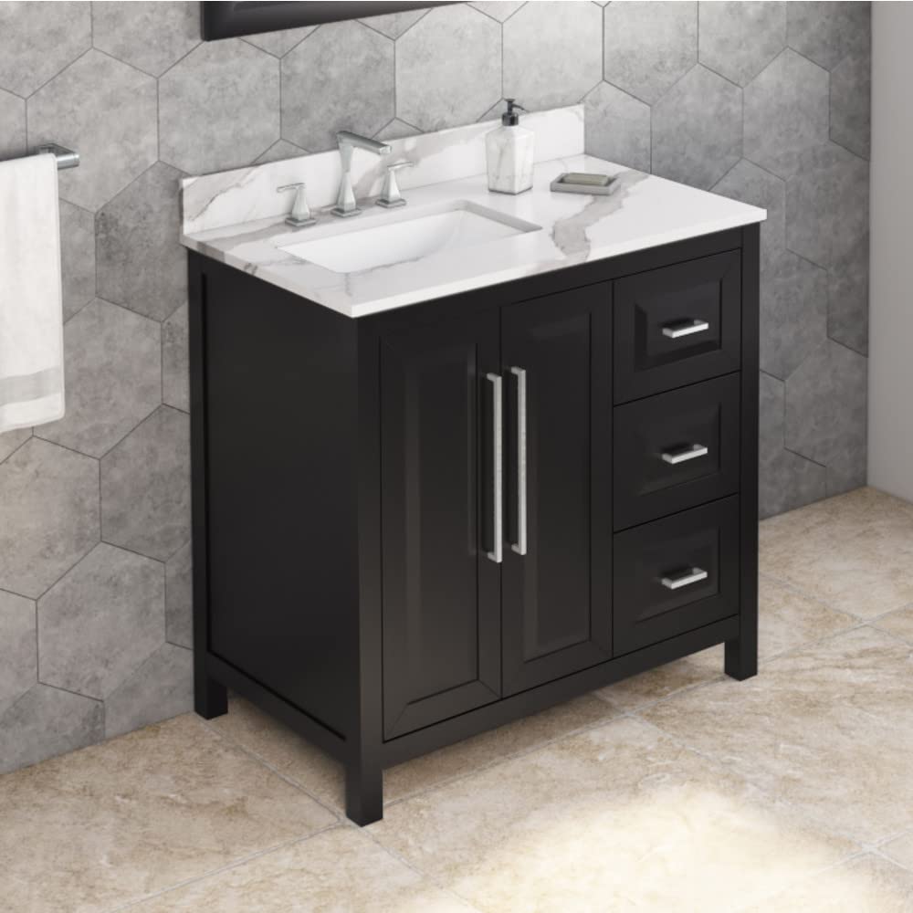 Jeffrey Alexander VKITCAD36BKCQR 36" Black Cade Vanity, left offset, Calacatta Vienna Quartz Vanity Top, undermount rectangle bowl