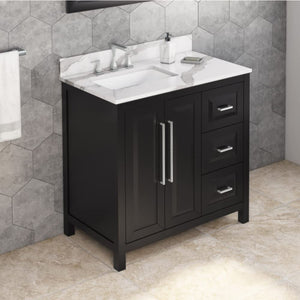 Jeffrey Alexander VKITCAD36BKCQR 36" Black Cade Vanity, left offset, Calacatta Vienna Quartz Vanity Top, undermount rectangle bowl