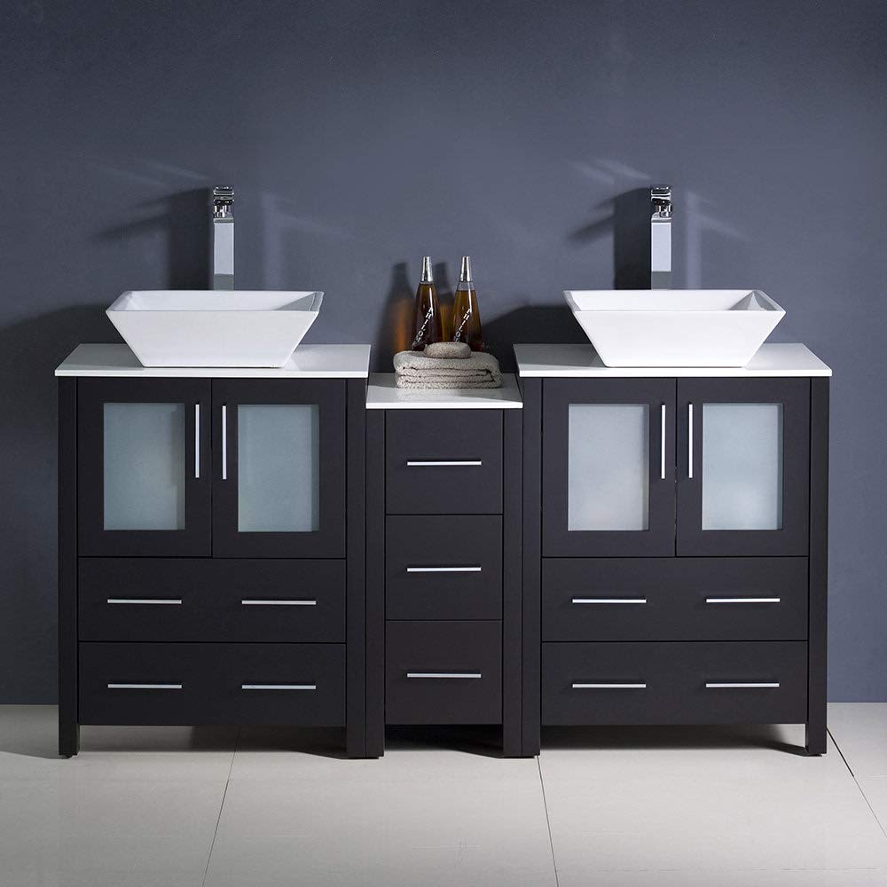 Fresca FCB62-241224WH-CWH-V Fresca Torino 60" White Modern Double Sink Bathroom Cabinets w/ Tops & Vessel Sinks