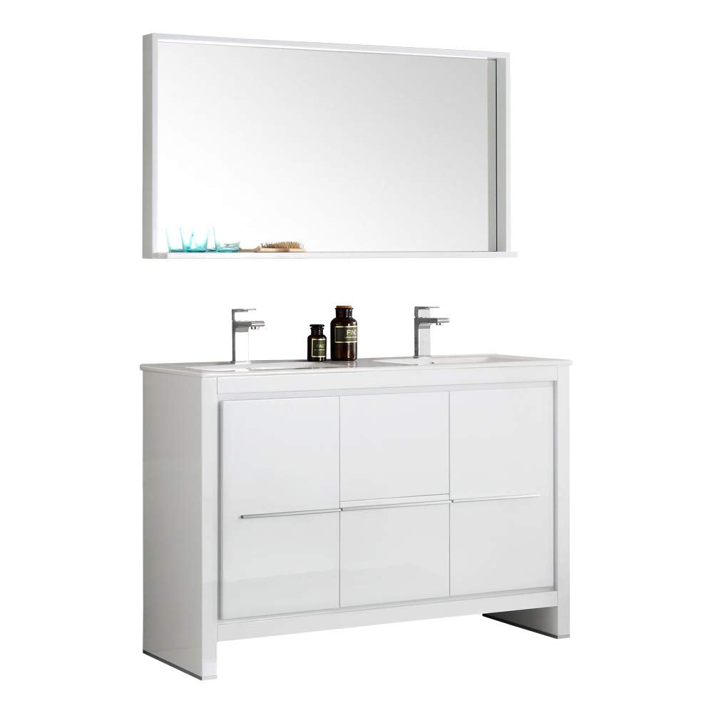 Fresca FVN8148WH-D Fresca Allier 48" White Modern Double Sink Bathroom Vanity w/ Mirror
