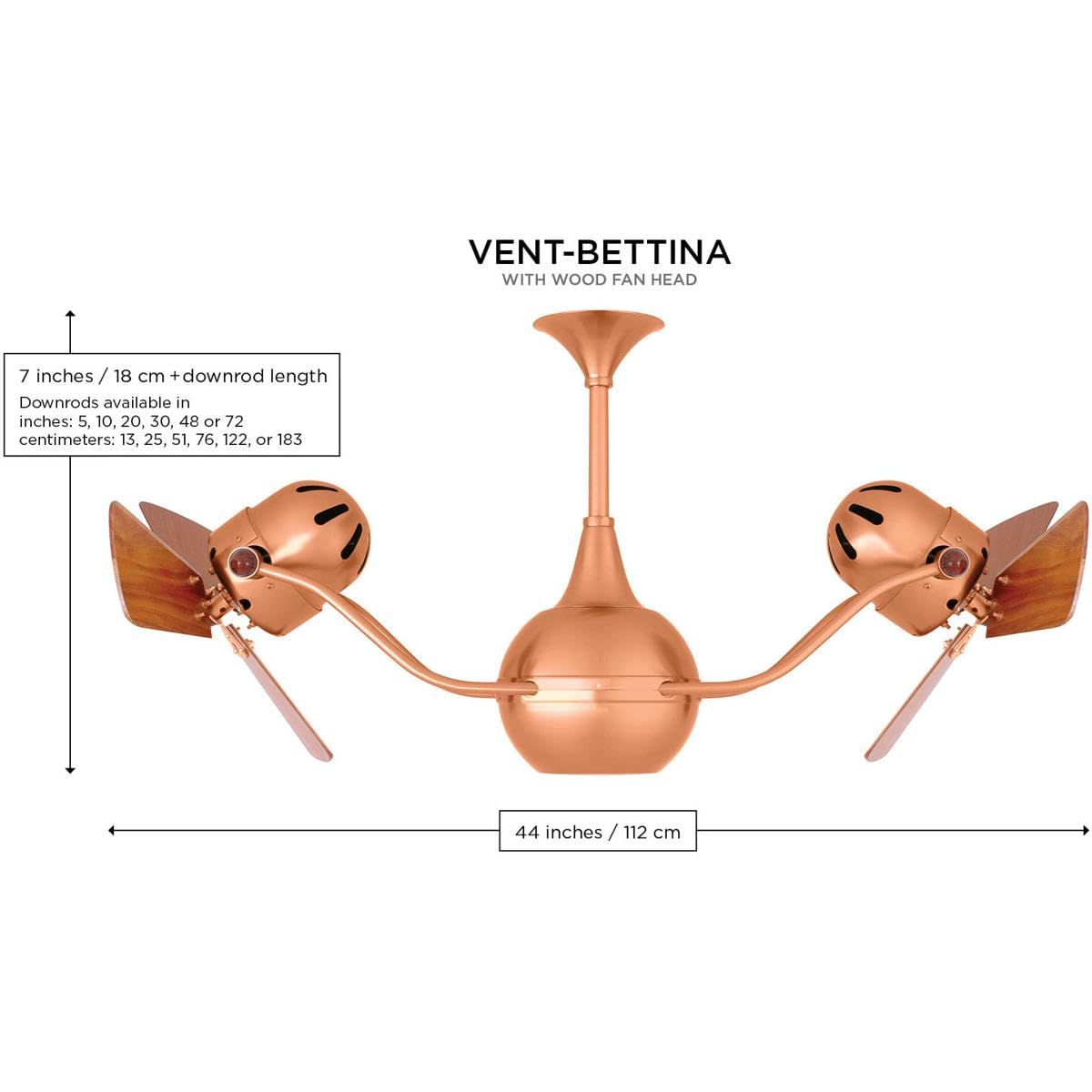 Matthews Fan VB-BZZT-WD Vent-Bettina 360° dual headed rotational ceiling fan in bronzette finish with solid sustainable mahogany wood blades.