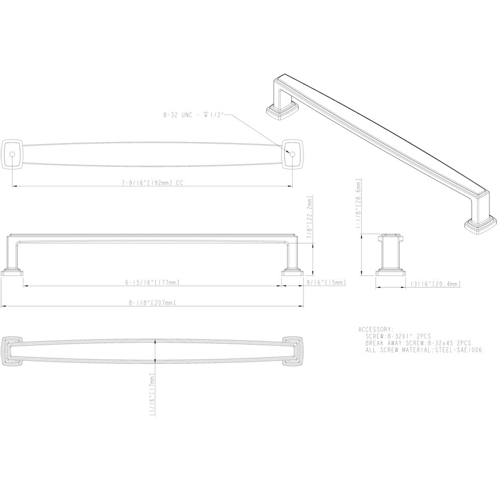 Jeffrey Alexander 171-192SN 192 mm Center-to-Center Satin Nickel Richard Cabinet Pull