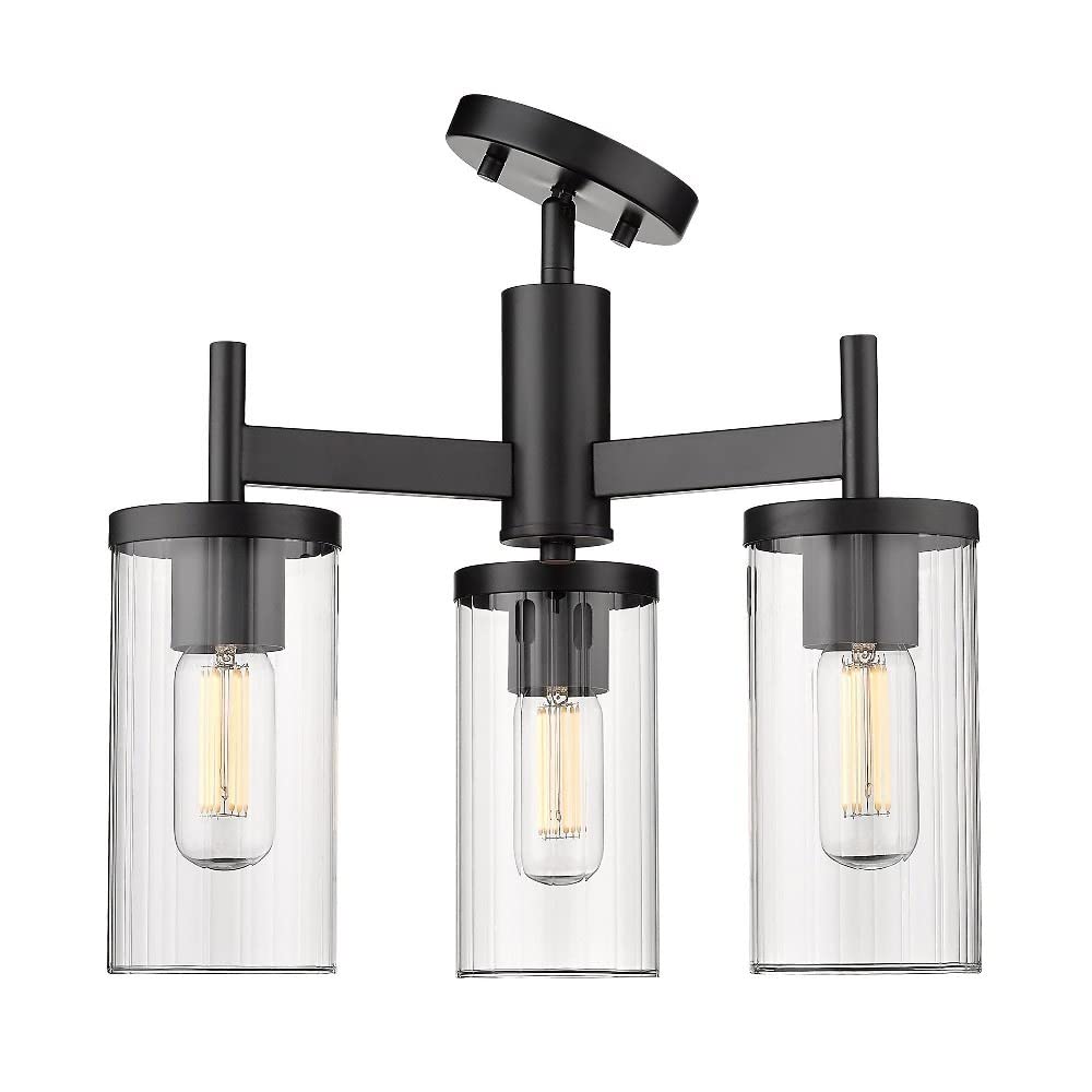 Winslett 3-Light Semi-Flush in Matte Black with Ribbed Clear Glass Shades