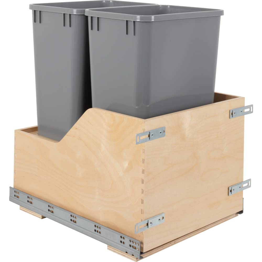 Hardware Resources CDM-WBMD5018G Double 50 Quart Wood Bottom-Mount Soft-close Trashcan Pullout for Door Mounting, Includes Two Grey Cans