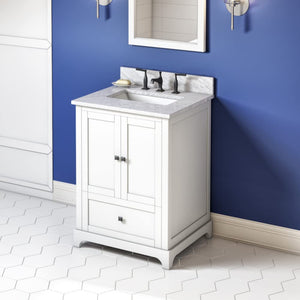 Jeffrey Alexander VKITADD24WHWCR 24" White Addington Vanity, White Carrara Marble Vanity Top, undermount rectangle bowl