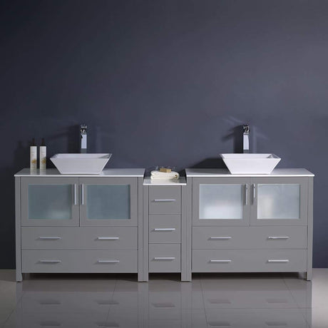 Fresca FCB62-361236WH-CWH-V Fresca Torino 84" White Modern Double Sink Bathroom Cabinets w/ Tops & Vessel Sinks