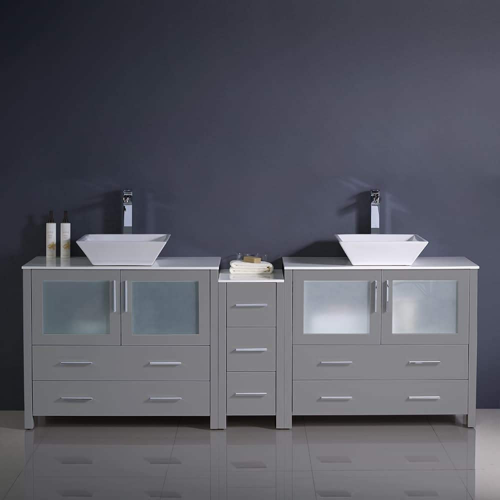 Fresca FCB62-361236GO-CWH-V Fresca Torino 84" Gray Oak Modern Double Sink Bathroom Cabinets w/ Tops & Vessel Sinks