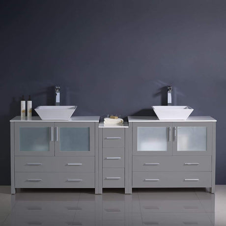 Fresca FCB62-361236GO-CWH-V Fresca Torino 84" Gray Oak Modern Double Sink Bathroom Cabinets w/ Tops & Vessel Sinks