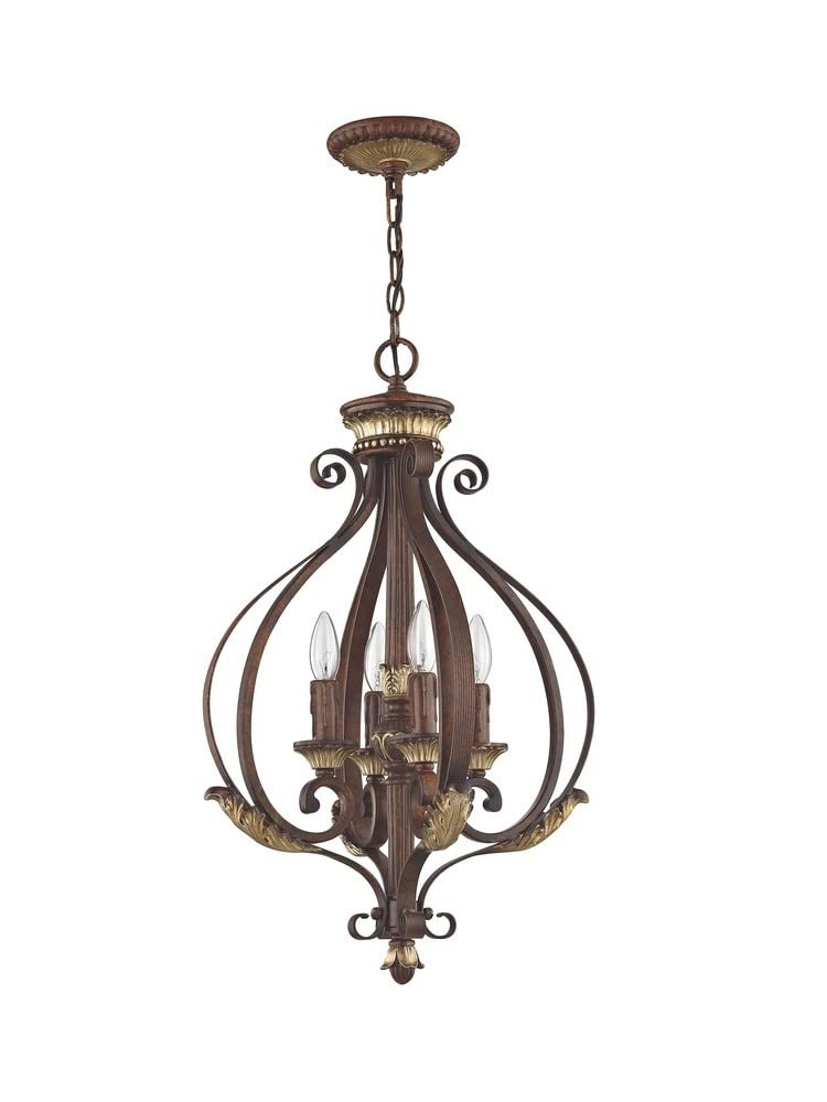 Livex Lighting 8556-63 Villa Verona 4 Light Verona Bronze Finish Foyer Chandelier with Aged Gold Leaf Accents and Rustic Art Glass
