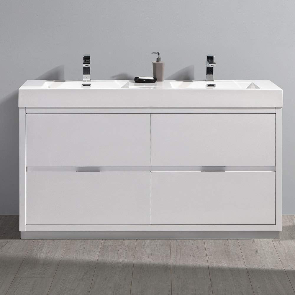 Fresca FCB8460WH-D-I Fresca Valencia 60" Glossy White Free Standing Double Sink Modern Bathroom Vanity