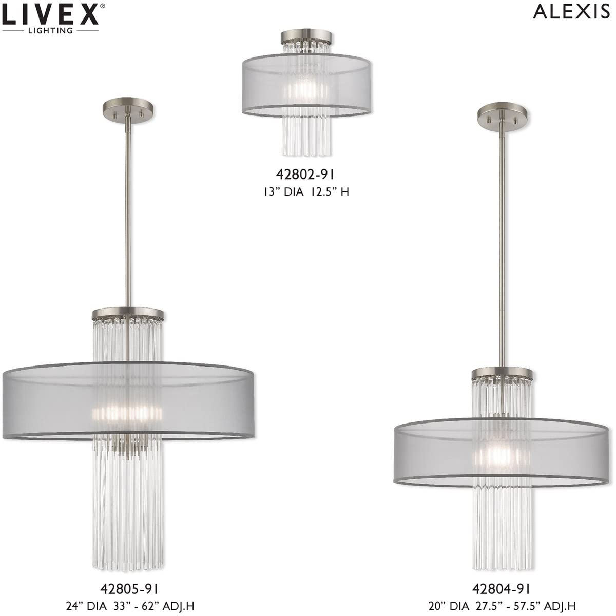 Livex Lighting 42805-91 Alexis - Four Light Chandelier, Brushed Nickel Finish with Translucent Gray Fabric Shade with Clear Rods Crystal